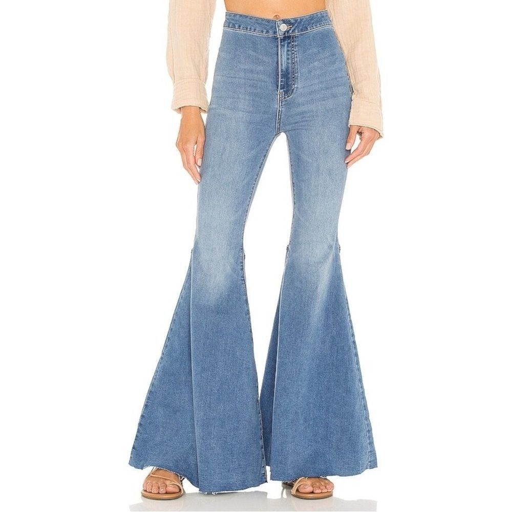 Free People Float On Super Flare Jeans Love Letters Medium Wash Wide Leg Size 26